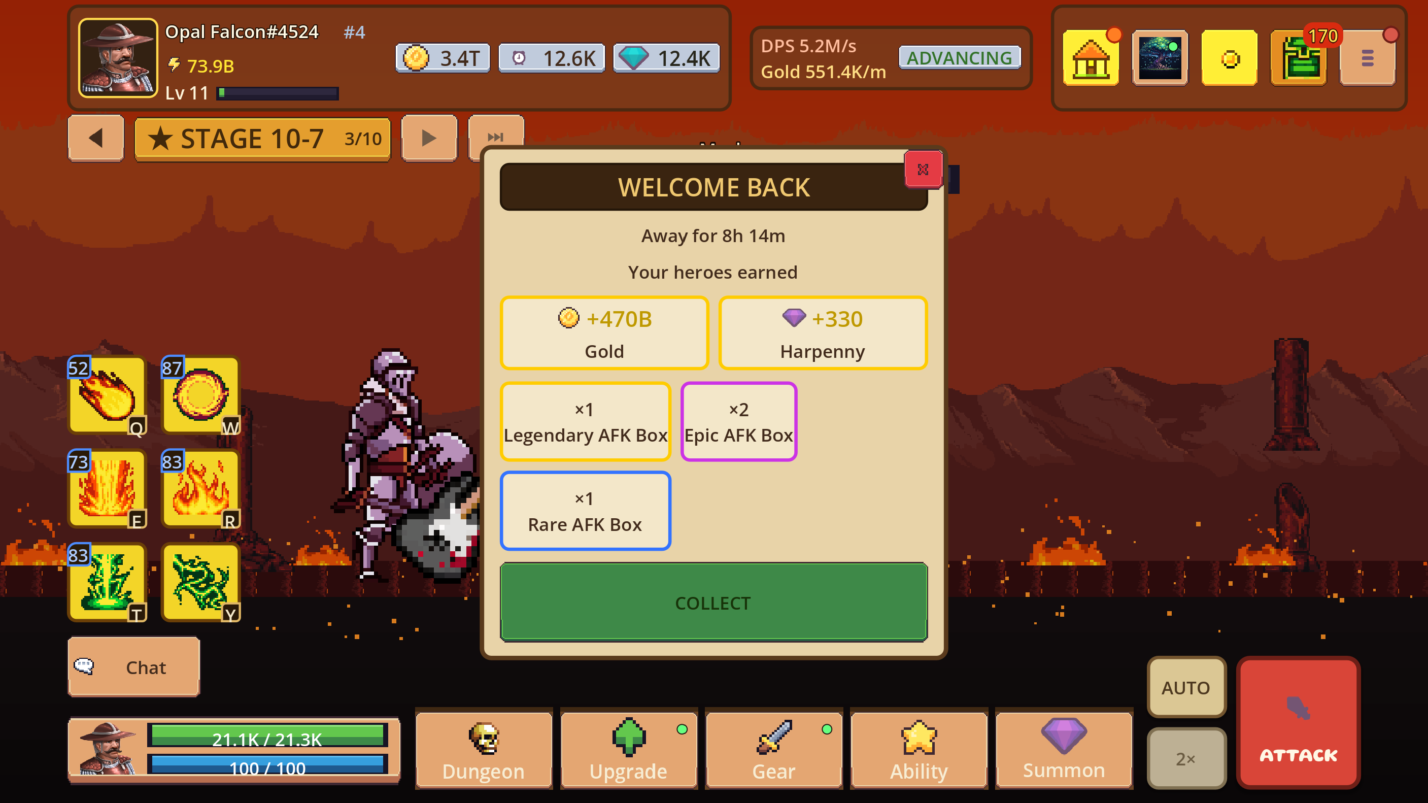 Welcome Back panel listing elapsed offline time, currency, and AFK reward boxes