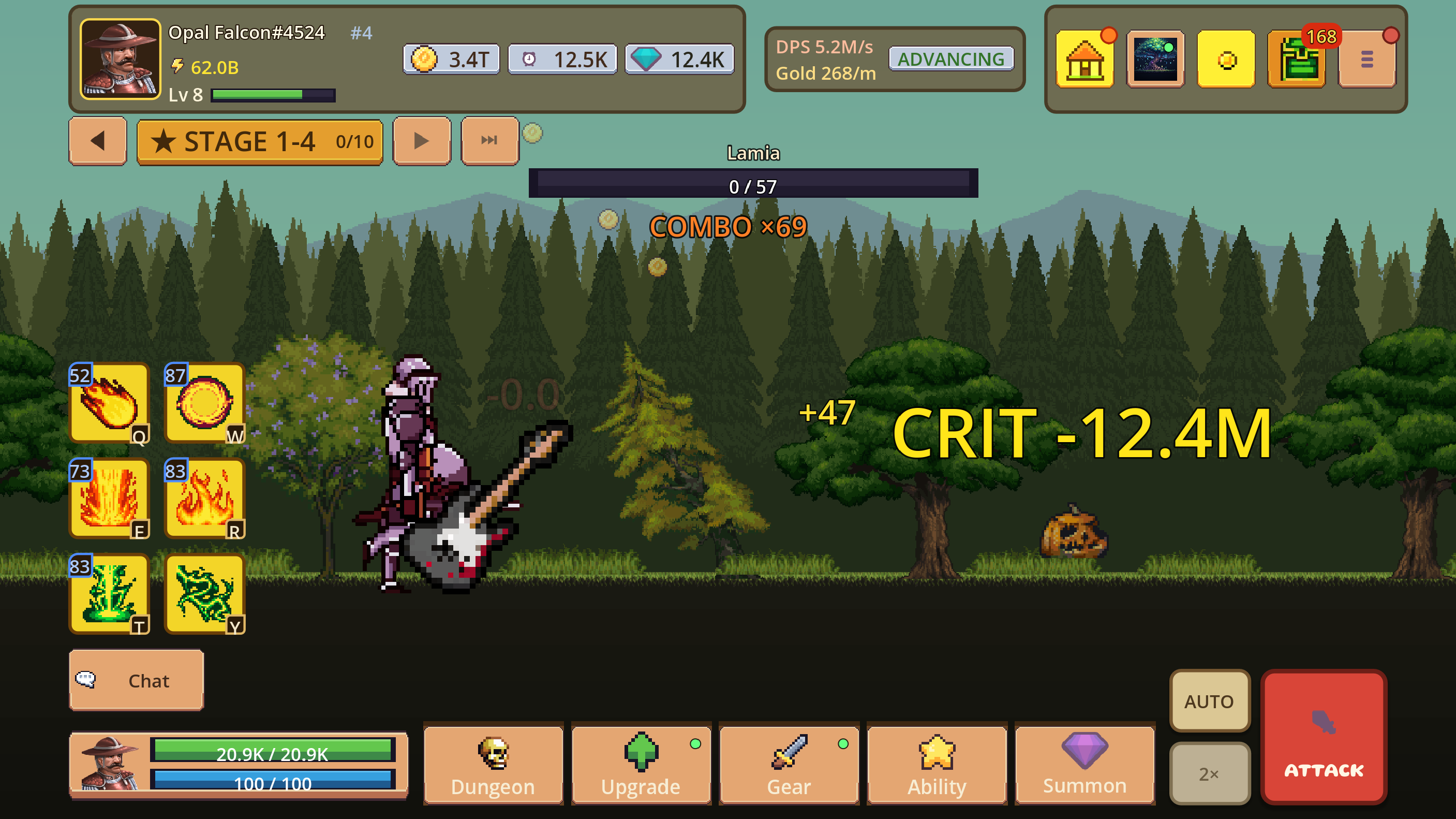 Early forest battle with player abilities, party health, enemy wave, and navigation visible