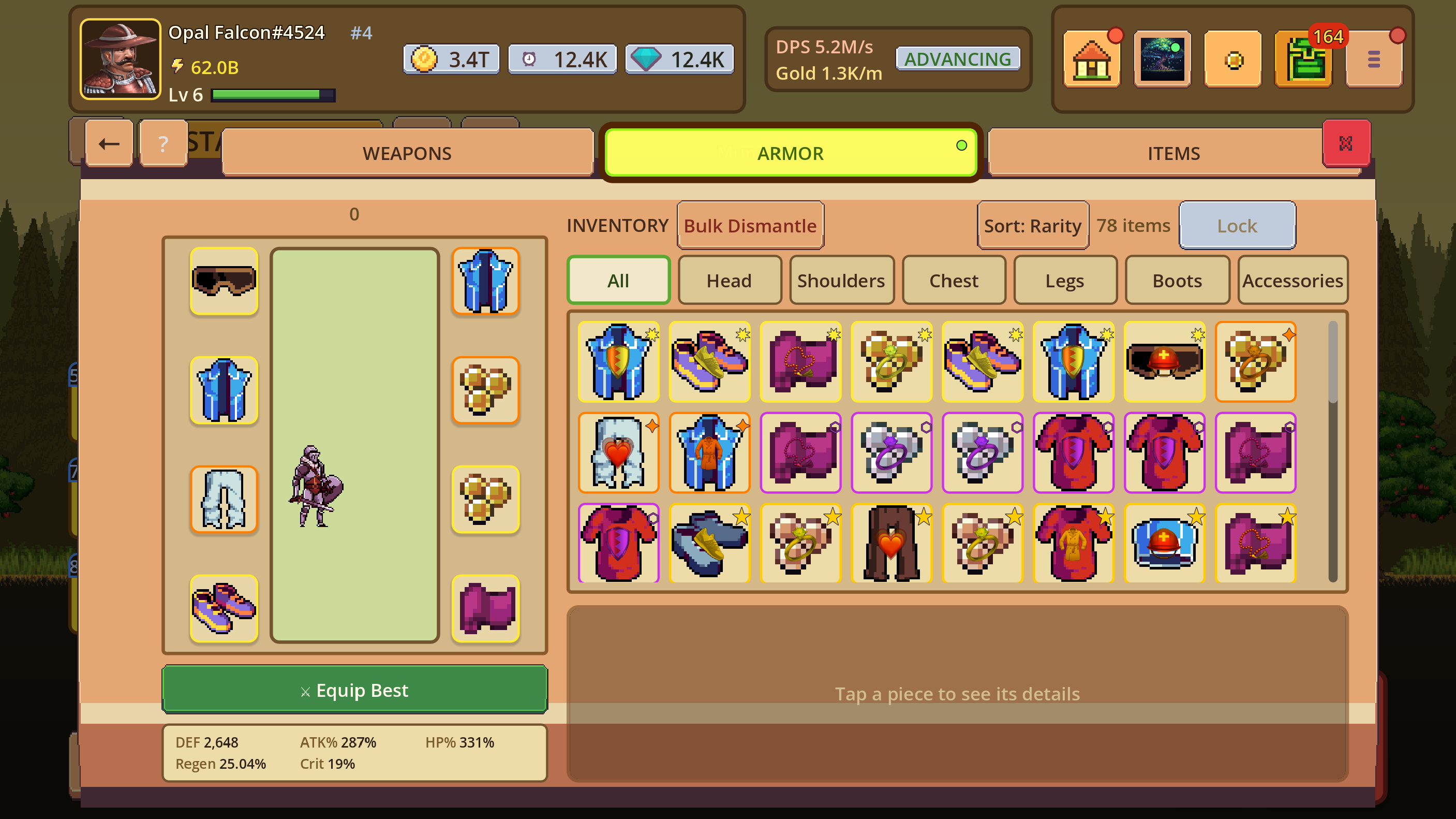 Equipment overview with hero, equipped slots, inventory, and character statistics