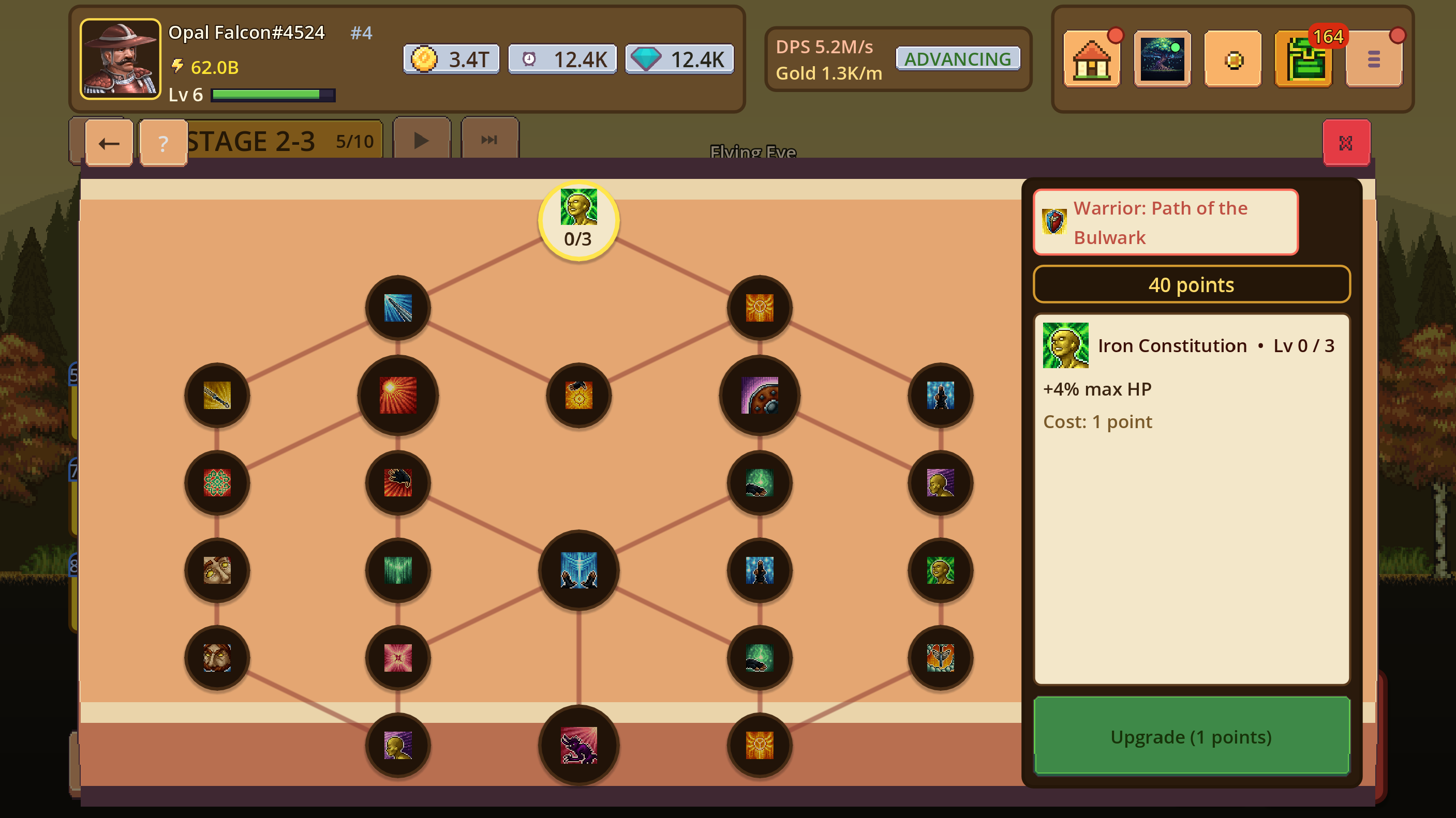 Branching warrior skill tree with connected nodes and a selected upgrade